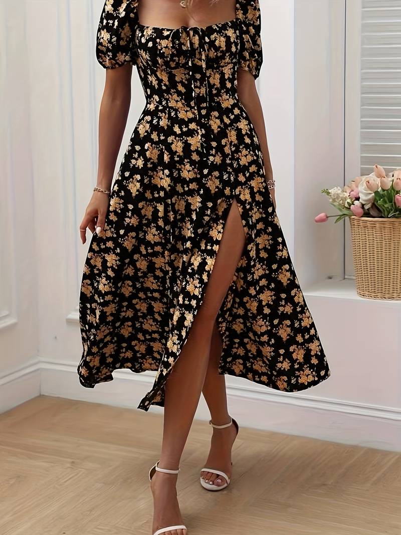 Ava – florales a-linien-kleid mit geteiltem saum für den frühling