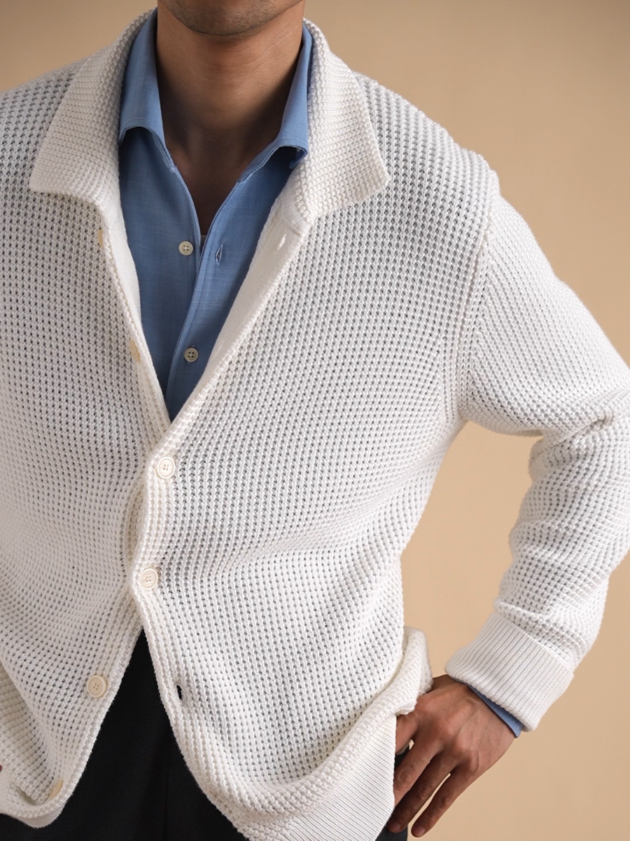 100% Cotton Waffle-Knit Button-Down Cardigan