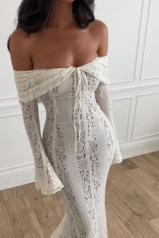 Spitzen-weit ausgestellte Ärmel Off-Shoulder Kleid