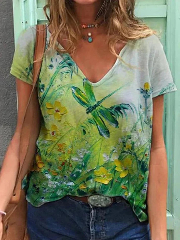 T-shirt mit v-ausschnitt malerei blumenkunst