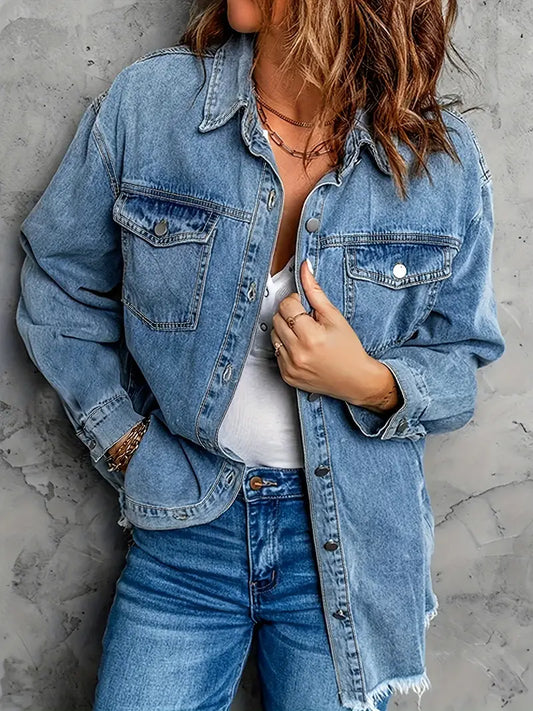 Biltia | Denim-Jacke mit Ausgefranstem Saum und Revers und Pattentaschen