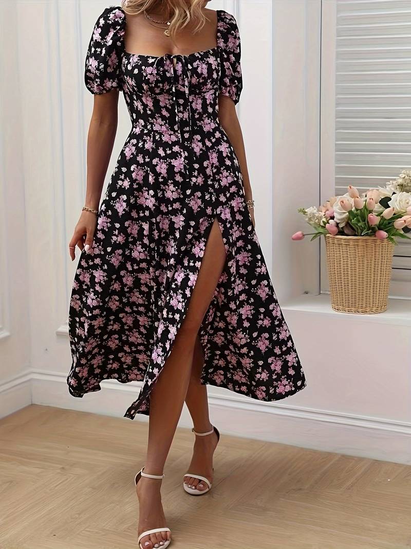 Ava – florales a-linien-kleid mit geteiltem saum für den frühling