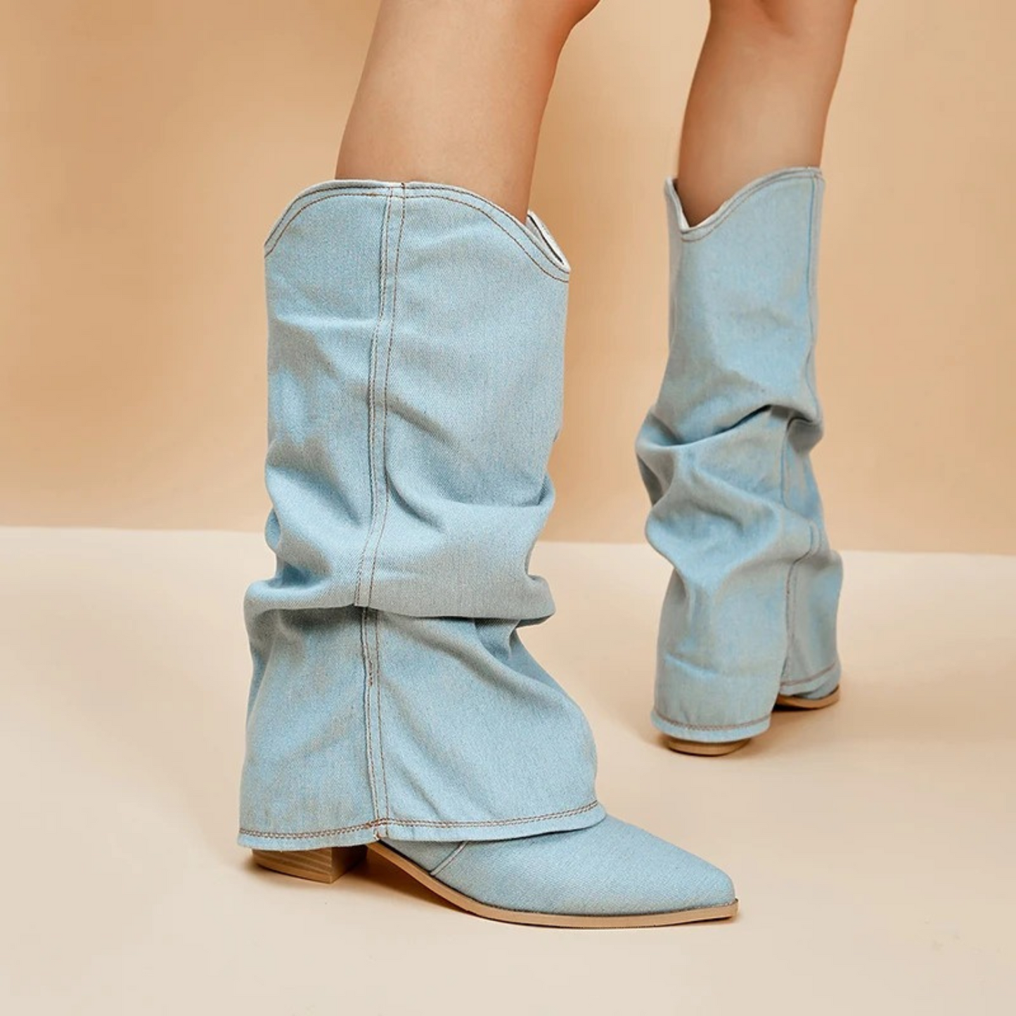 Franjes - gefaltete denim-stiefel mit blockabsatz