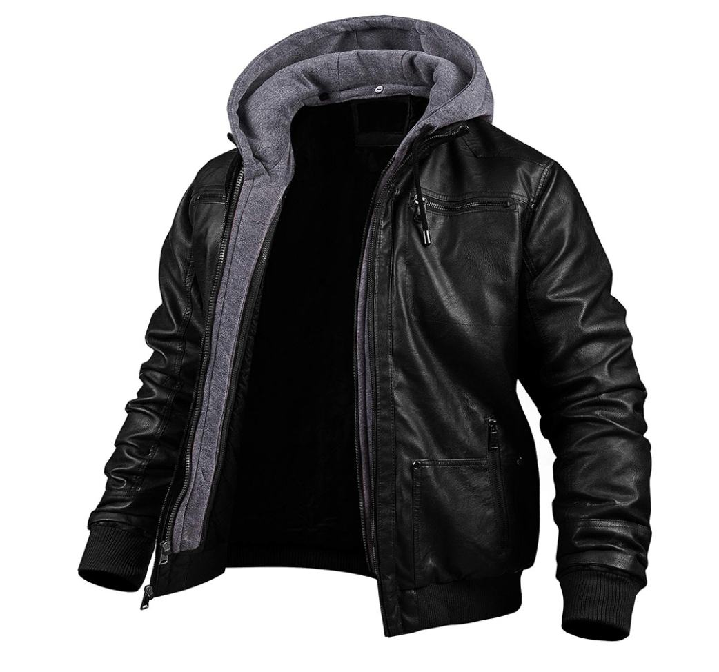 Stilvolle premium leder-winter-jacke mit kapuze