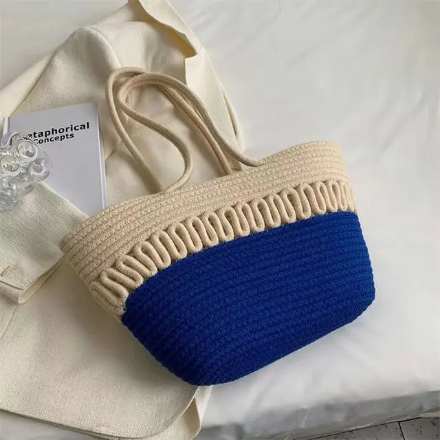 Bellachicha - Damen Schultertasche mit großer Kapazität handgefertigt aus Strick-Kit-Stoff und Stroh