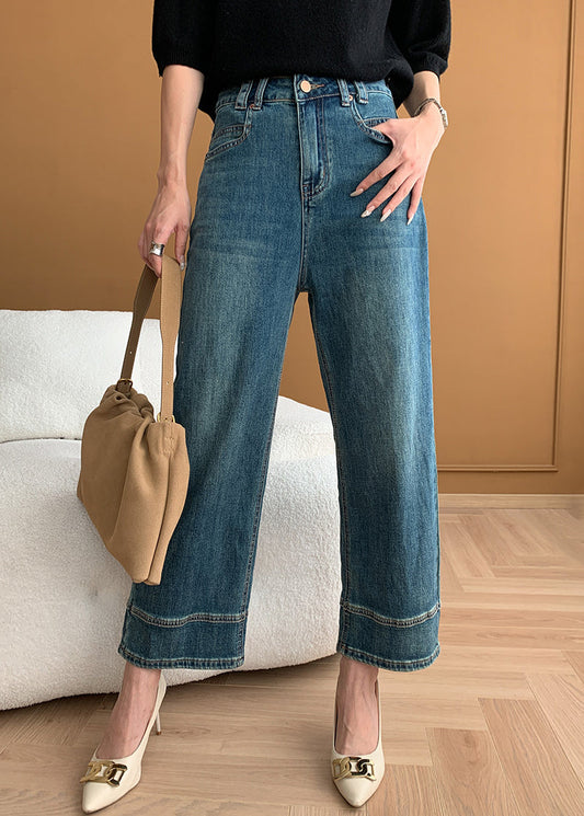 Moderne blaue Taschen High-Waisted Denim Crop Hose Herbst