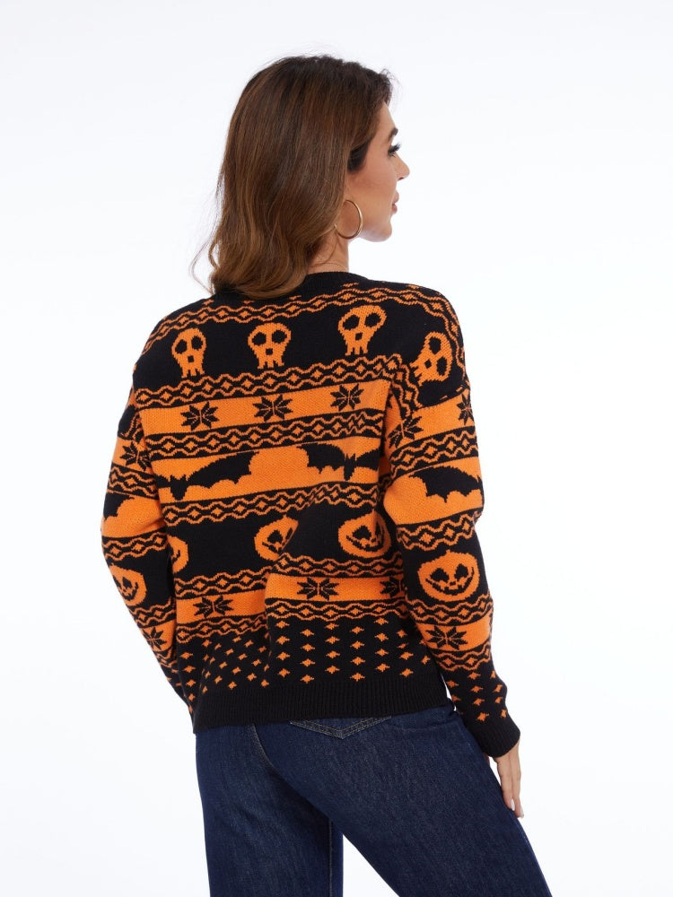 Rundhals-Strickpullover mit Halloween-Kürbismuster