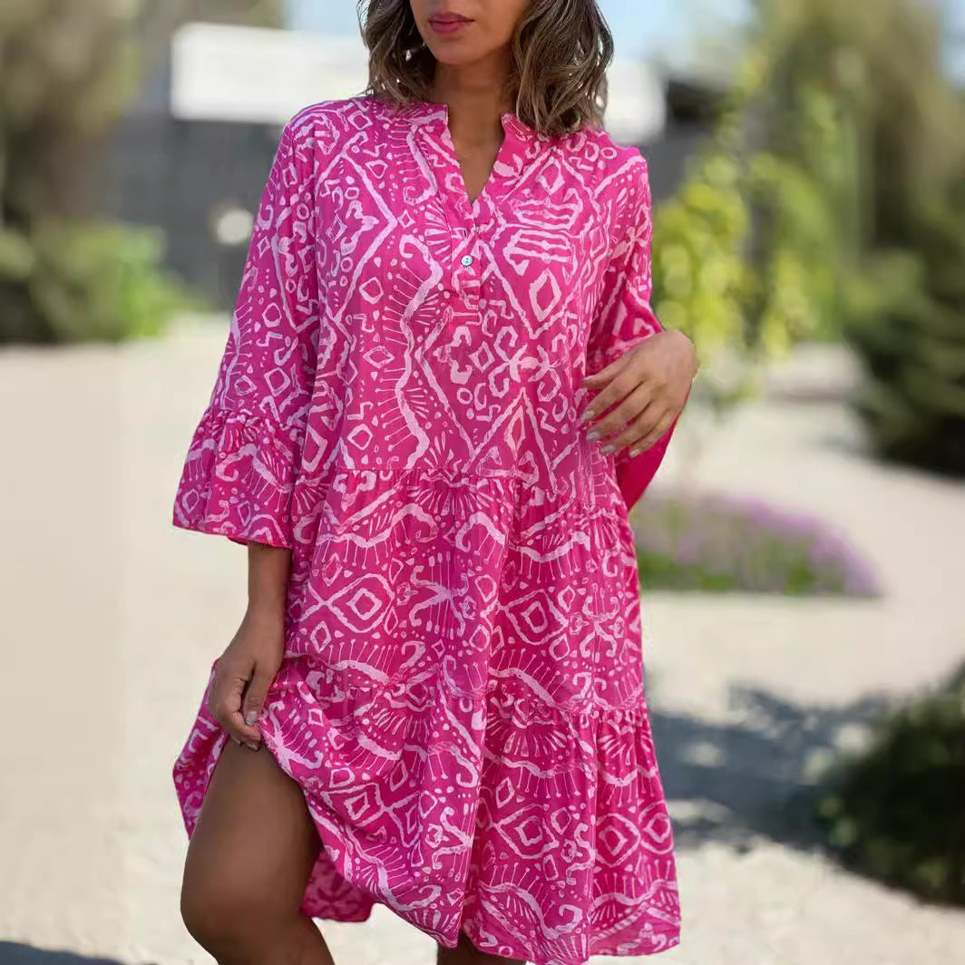 Ava – boho-kleid mit stehkragen und ethnischem grafikdruck