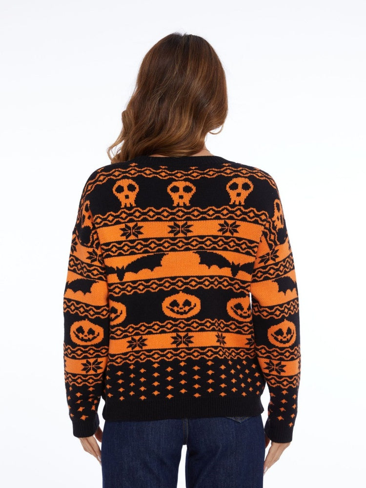 Rundhals-Strickpullover mit Halloween-Kürbismuster