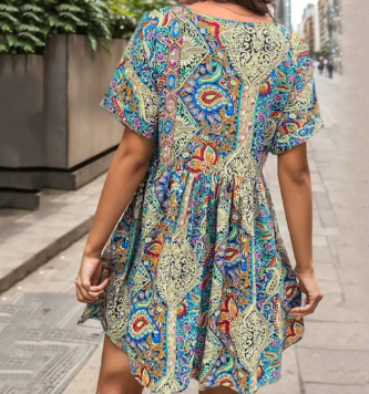 Stella – blaues boho-kleid mit ethno-print