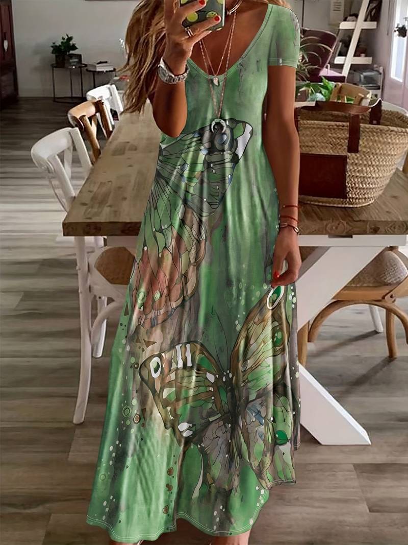 Grace – kleid mit v-ausschnitt und schmetterlingsdruck für frühling und sommer