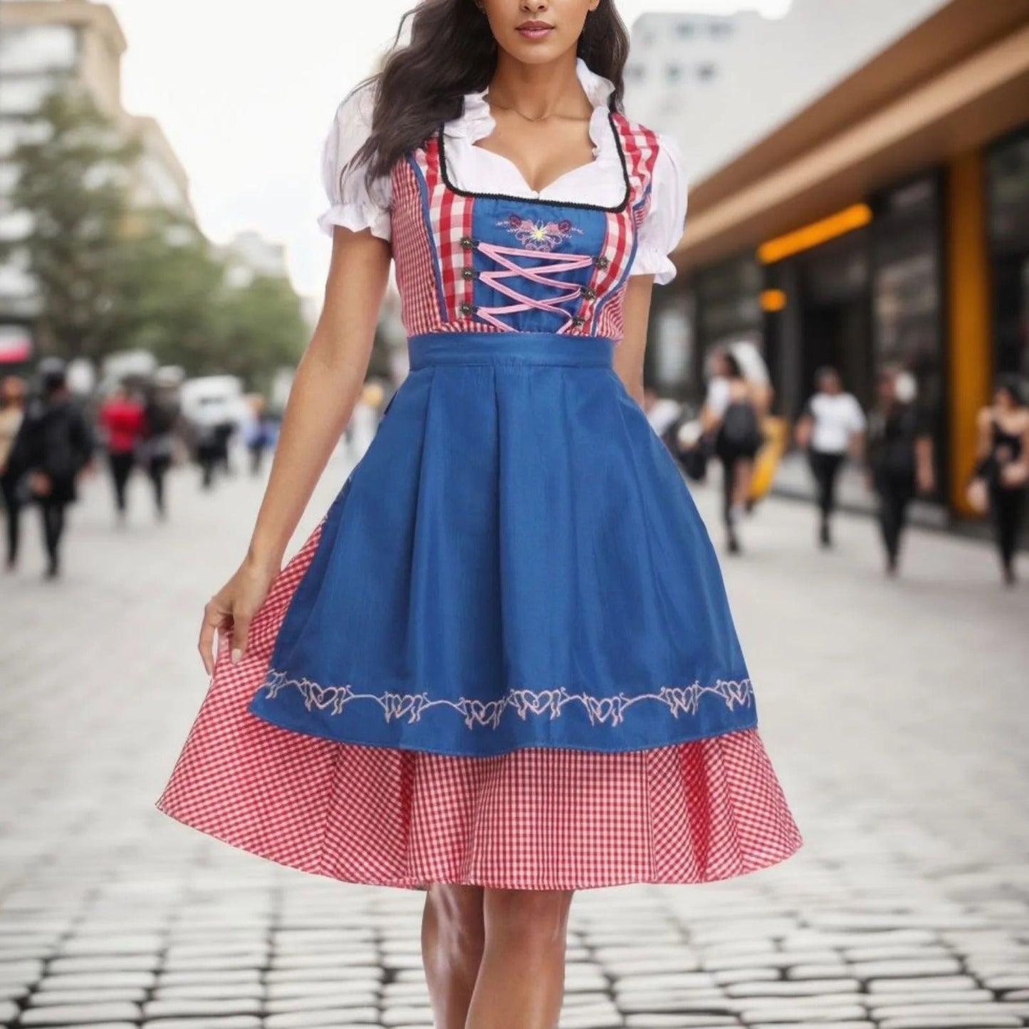 Oktoberfest dirndl mit karomuster und kurzen armeln - arielle